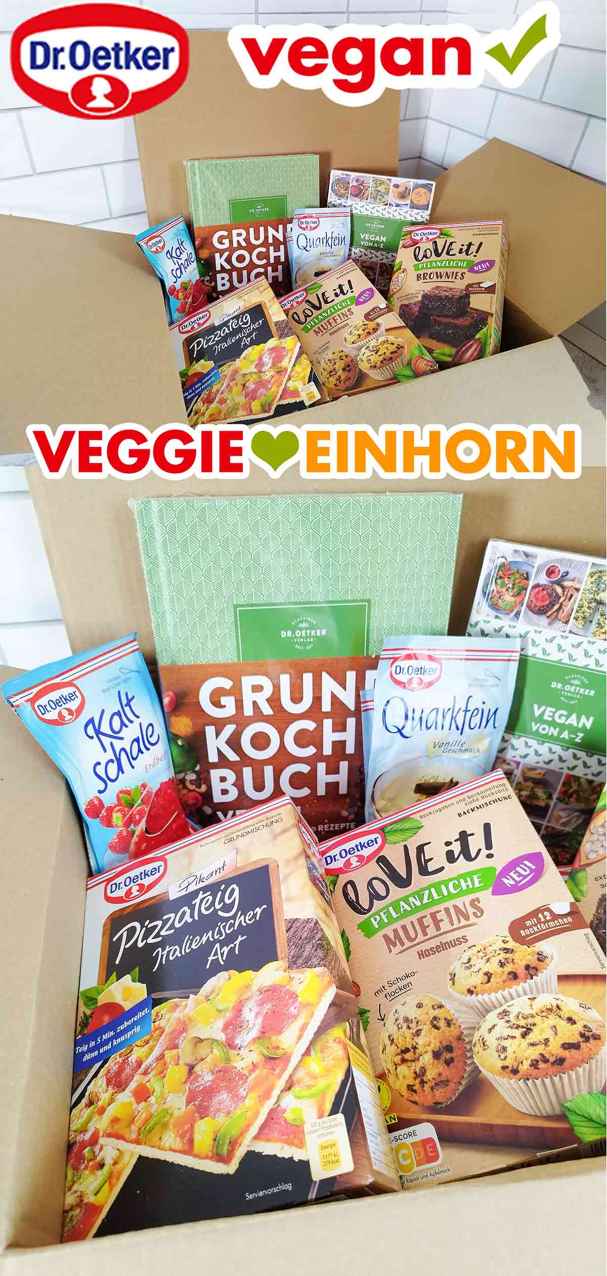 Diese Artikel von Dr. Oetker sind alle vegan. Versandkarton mit veganen Produkten von Dr. Oetker