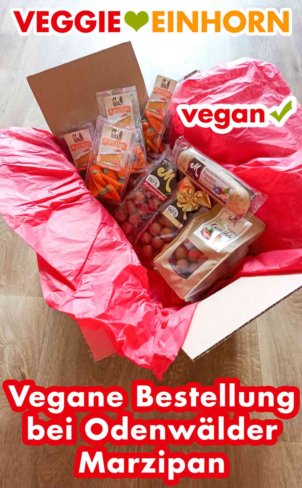 Meine vegane Bestellung bei Odenwälder Marzipan: Marzipankarotten, Marzipanbrot und Marzipankartoffeln Geöffneter Versandkarton mit veganem Marzipan von Odenwälder