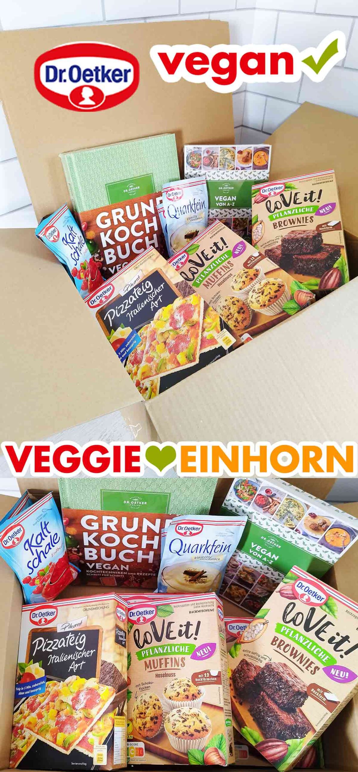 Diese Artikel von Dr. Oetker sind alle vegan. Versandkarton mit veganan Produkten und Kochbüchern von Dr. Oetker