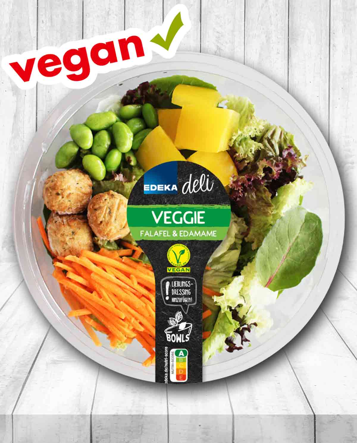 Die Veggie Bowl mit Falafel und Edamame von Edeka ist vegan. Veggie Bowl von Edeka deli mit Falafel und Edamame