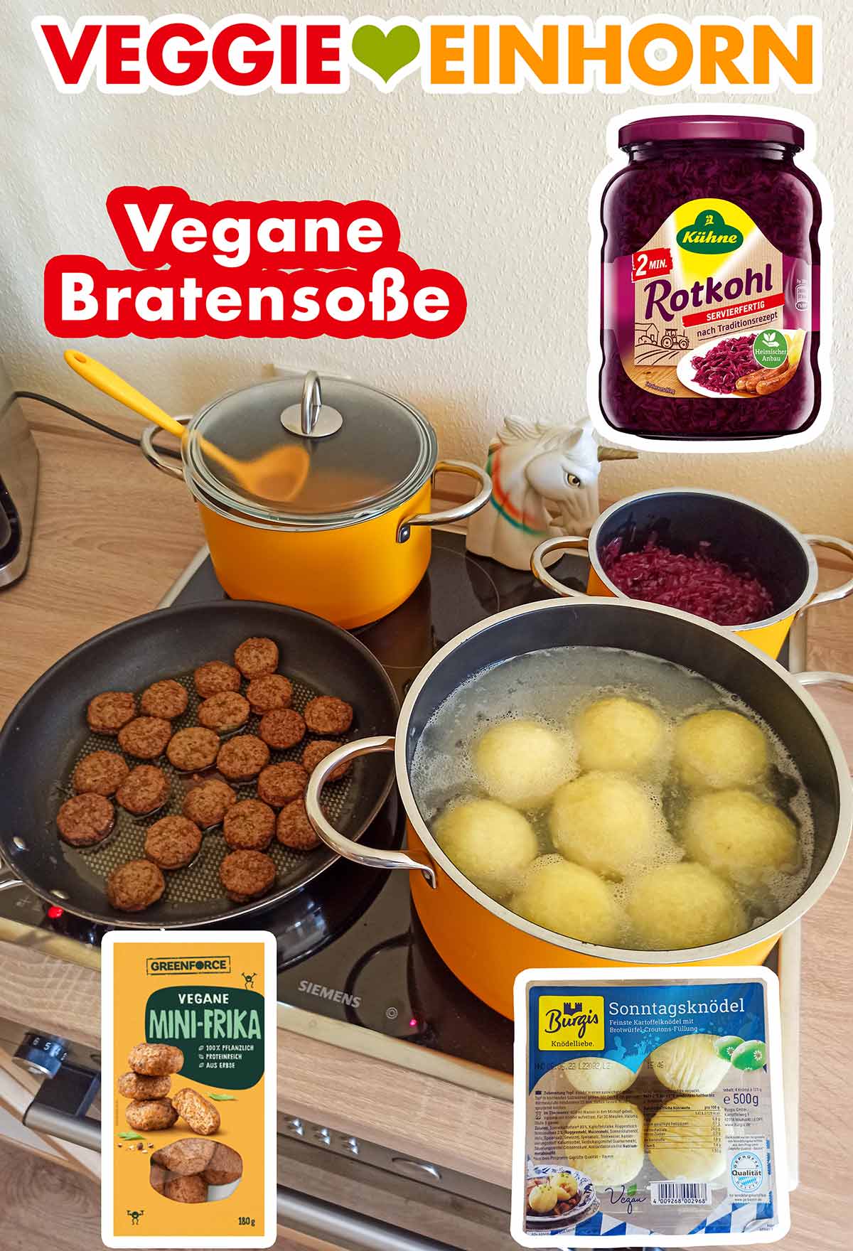 Alles vegan: Bratensoße, Kühne Rotkohl, Greenforce Mini-Frika, Burgis Sonntagsknödel. Herd mit veganer Bratensoße, veganem Rotkohl, veganen Frikadellen und Burgis Sonntagsknödeln