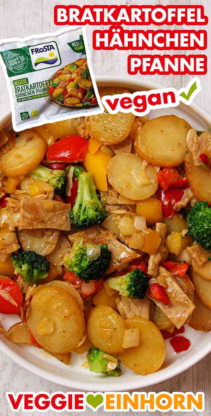 Die Frosta Veggie Bratkartoffel Hähnchen Pfanne ist ein Fertiggericht mit veganem Hähnchenfleisch aus Erbsenprotein, Brokkoli, Paprika und Zwiebeln. Ein Teller mit veganer Bratkartoffel Hähnchen Pfanne von Frosta