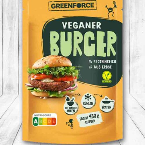 Eine Packung Fertigmix für vegane Burger von Greenforce
