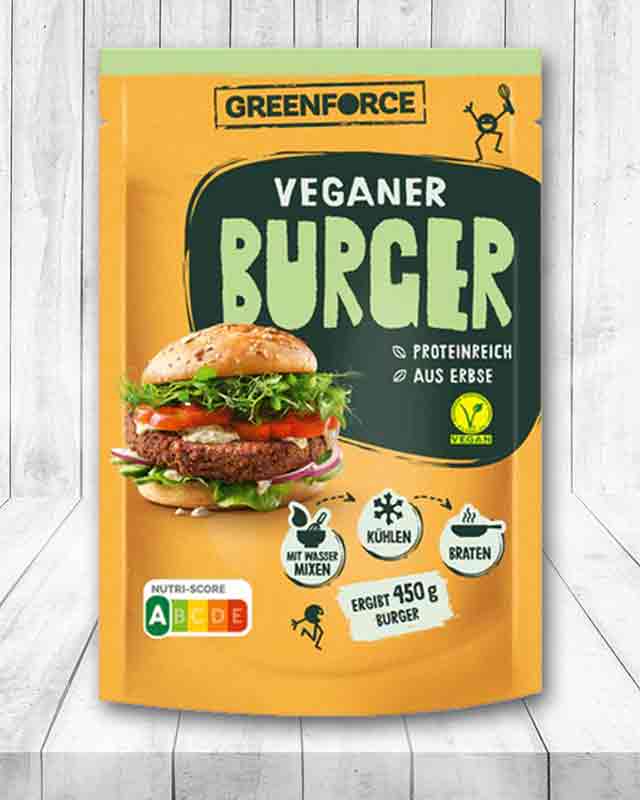 Eine Packung Fertigmix für vegane Burger von Greenforce