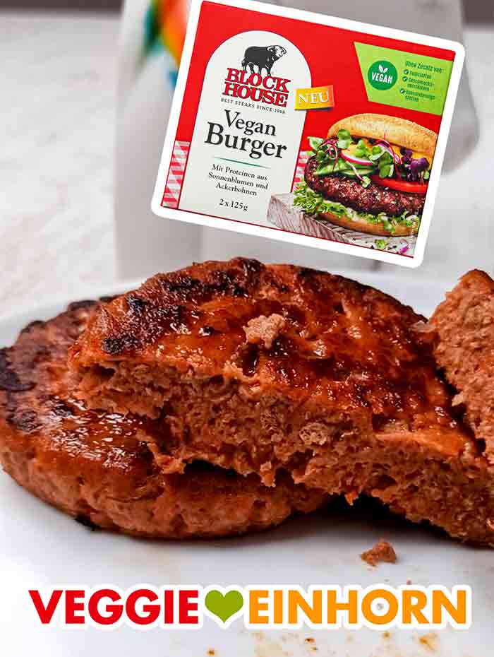 So sieht der angeschnittene vegane Burger Patty aus. Mit dem Messer durchgeschnittener veganer Patty von Block House
