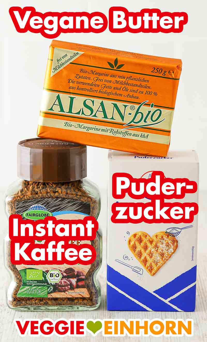 Alsan Bio Margarine, Fairglobe löslicher Bio Hochland Kaffee von Lidl, Diamant Puderzucker Ein Stück vegane Butter. ein Glas löslicher Kaffee, eine Packung Puderzucker