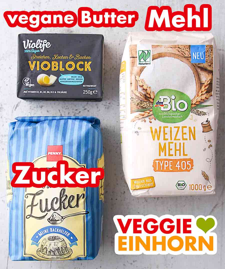 Vegane Butter von Violife Vioblock, Weizenmehl Type 405 von dm Bio und Zucker von Penny Vegane Butter, Mehl, Zucker