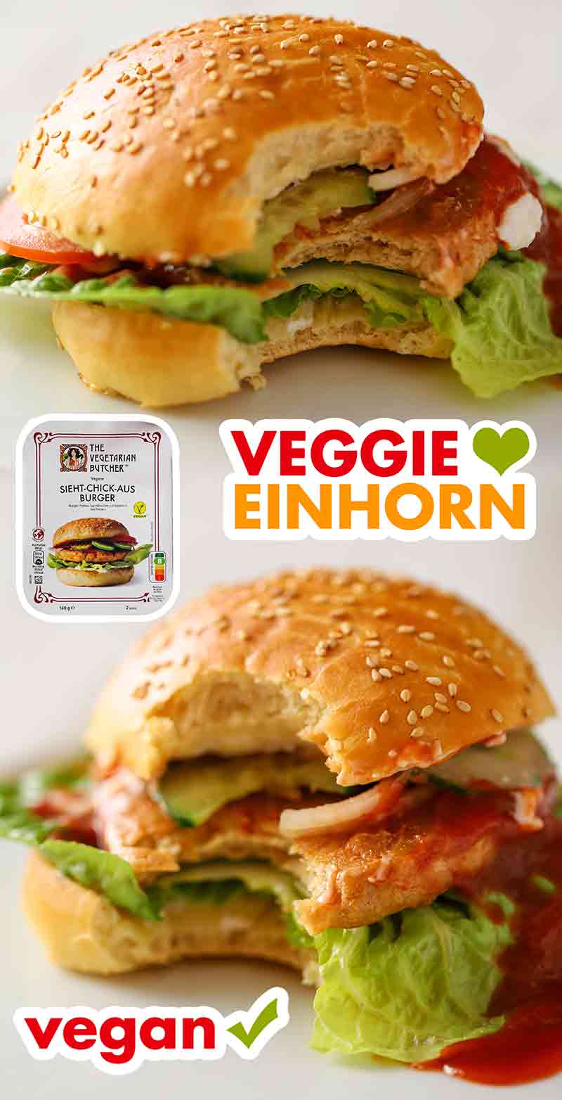 Vegane Chicken Burger mit selbstgemachten veganen Burger Brötchen Angebissener veganer Chicken Burger
