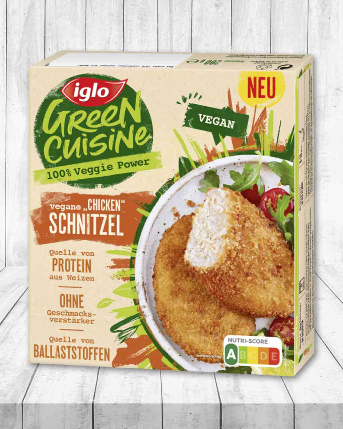 Die veganen Chicken Schnitzel von iglo Green Cuisine sind aus Weizeneiweiß. iglo Green Cuisine Vegane Chicken Schnitzel