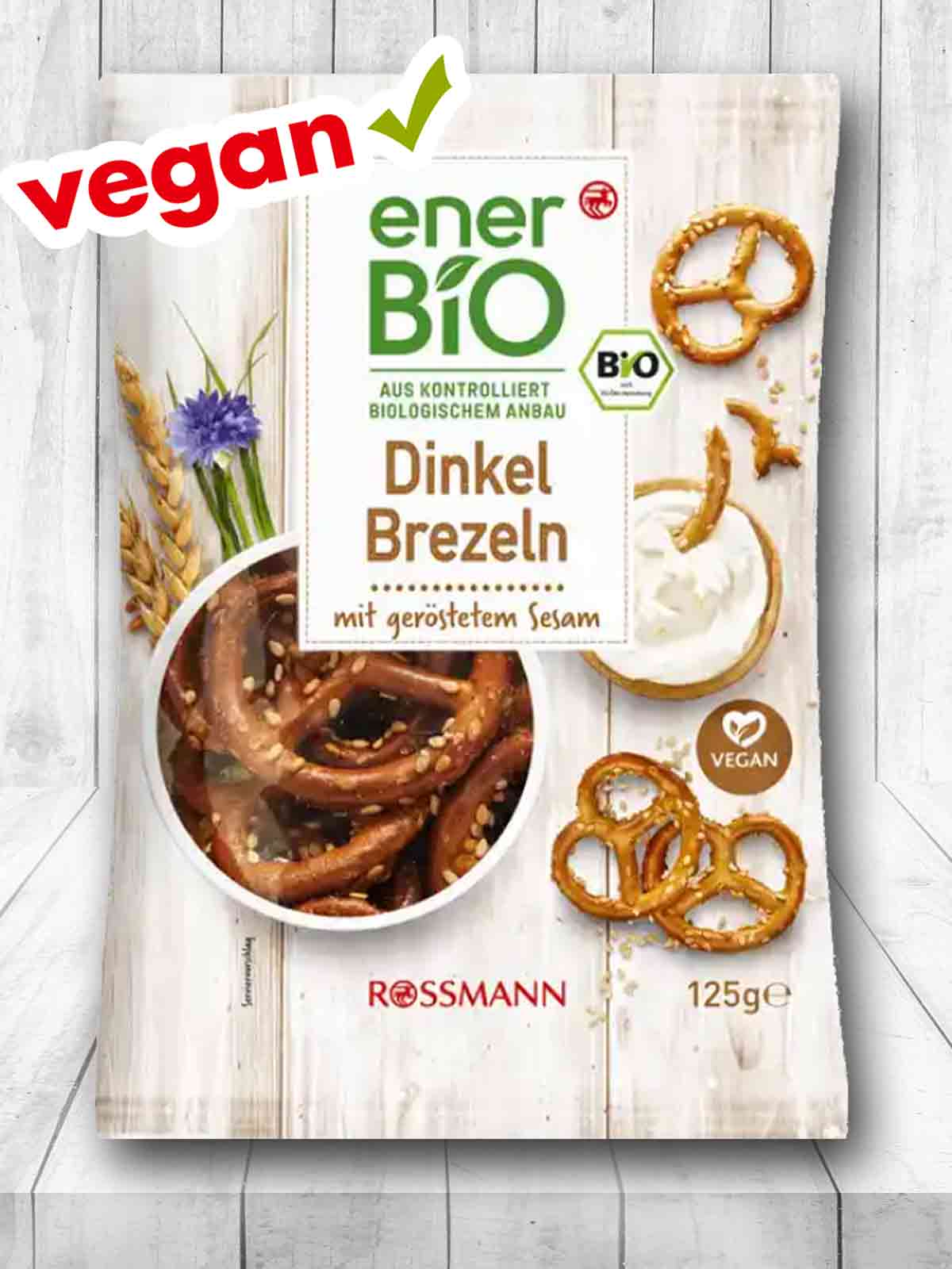 Die enerBIO Dinkel Brezeln von Rossmann sind vegan. Rossmann enerBio Dinkel Brezeln