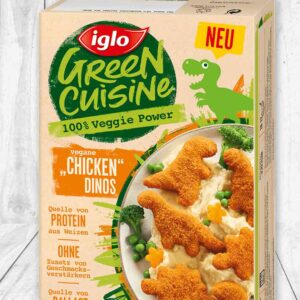 Eine Packung vegane Dino Nuggets