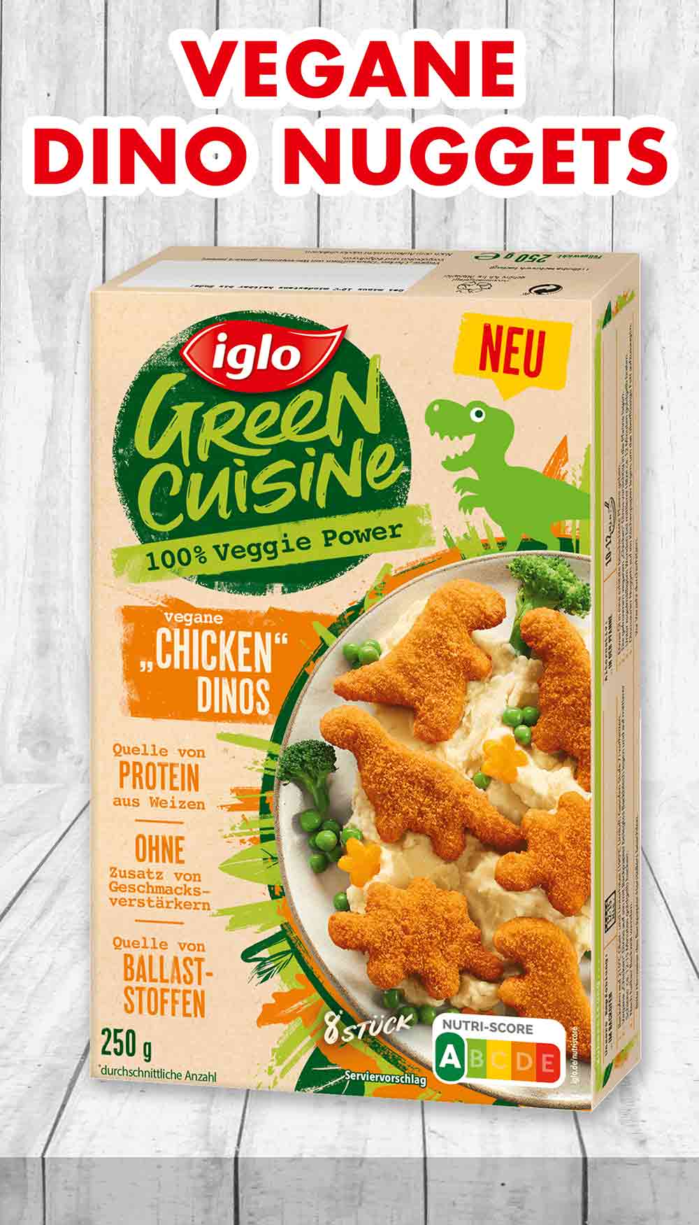 Die veganen Dino Nuggets von Iglo sind aus Weizeneiweiß. Eine Packung vegane Dino Nuggets