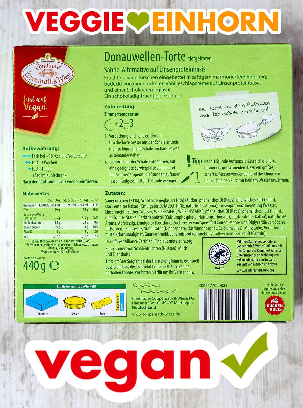 Packungsrückseite der veganen Donauwellen Torte aus der Conditorei Coppenrath und Wiese Coppenrath und Wiese Vegane Donauwellen Torte Rückseite der Packung