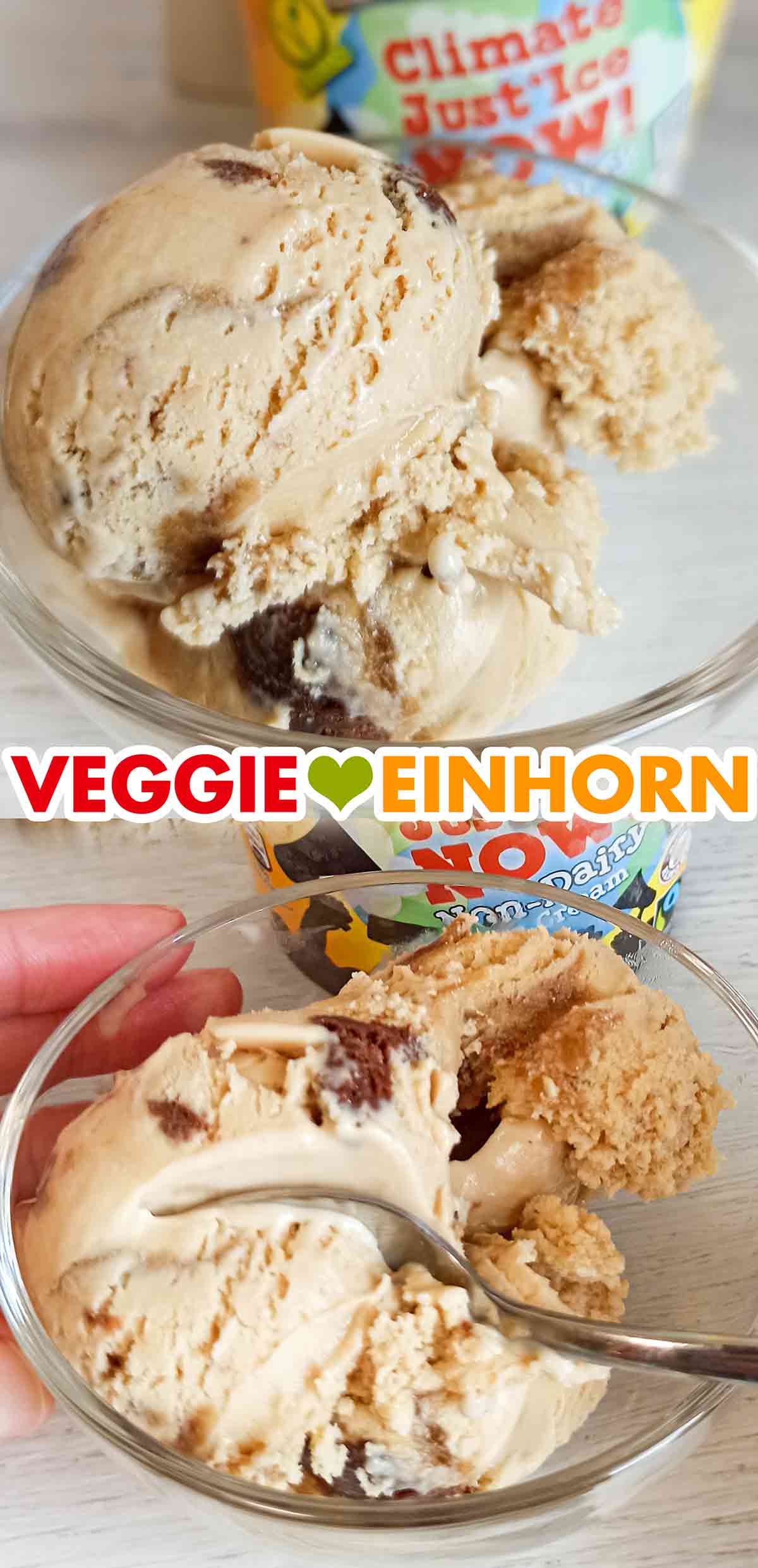 Das Climate Just'Ice Now Eis von Ben and Jerry's serviert in einem Glasschälchen. Vegane Eiscreme von Ben & Jerry's Climate Just'Ice Now in einem Dessertschälchen