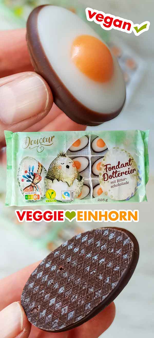 Die Fondant Eier von Penny Douceur haben ein Dotter und eine Rückseite mit dunkler Schokolade. Vorderseite und Rückseite der veganen Fondanteier von Penny