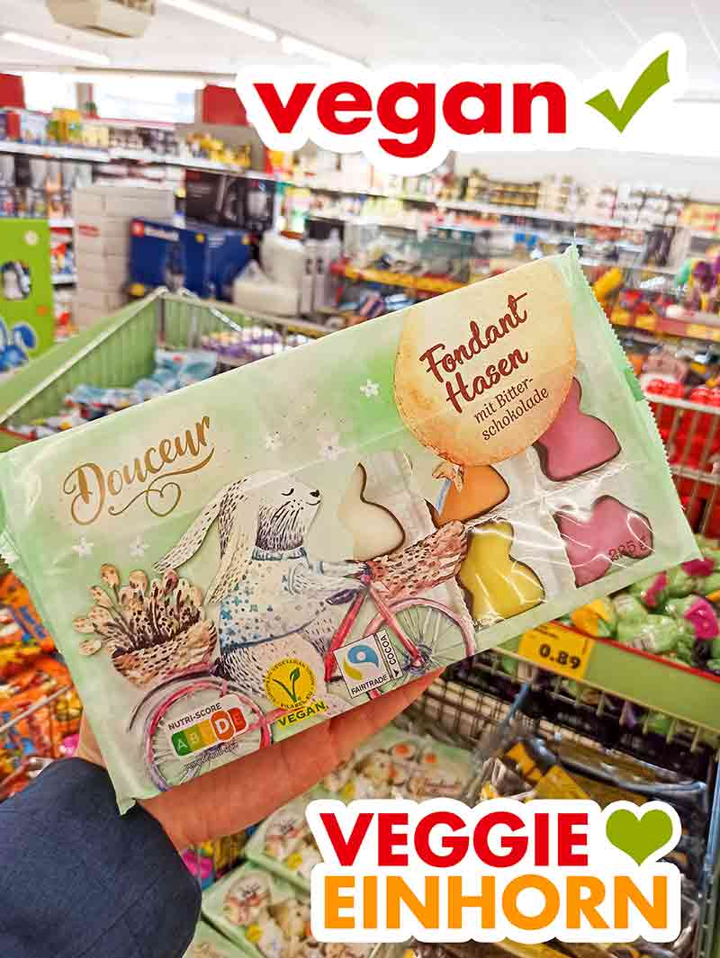 Die veganen Fondanthasen von Douceur gibt es bei Penny. Eine Packung vegane Fondant Hasen von Douceur im Supermarkt