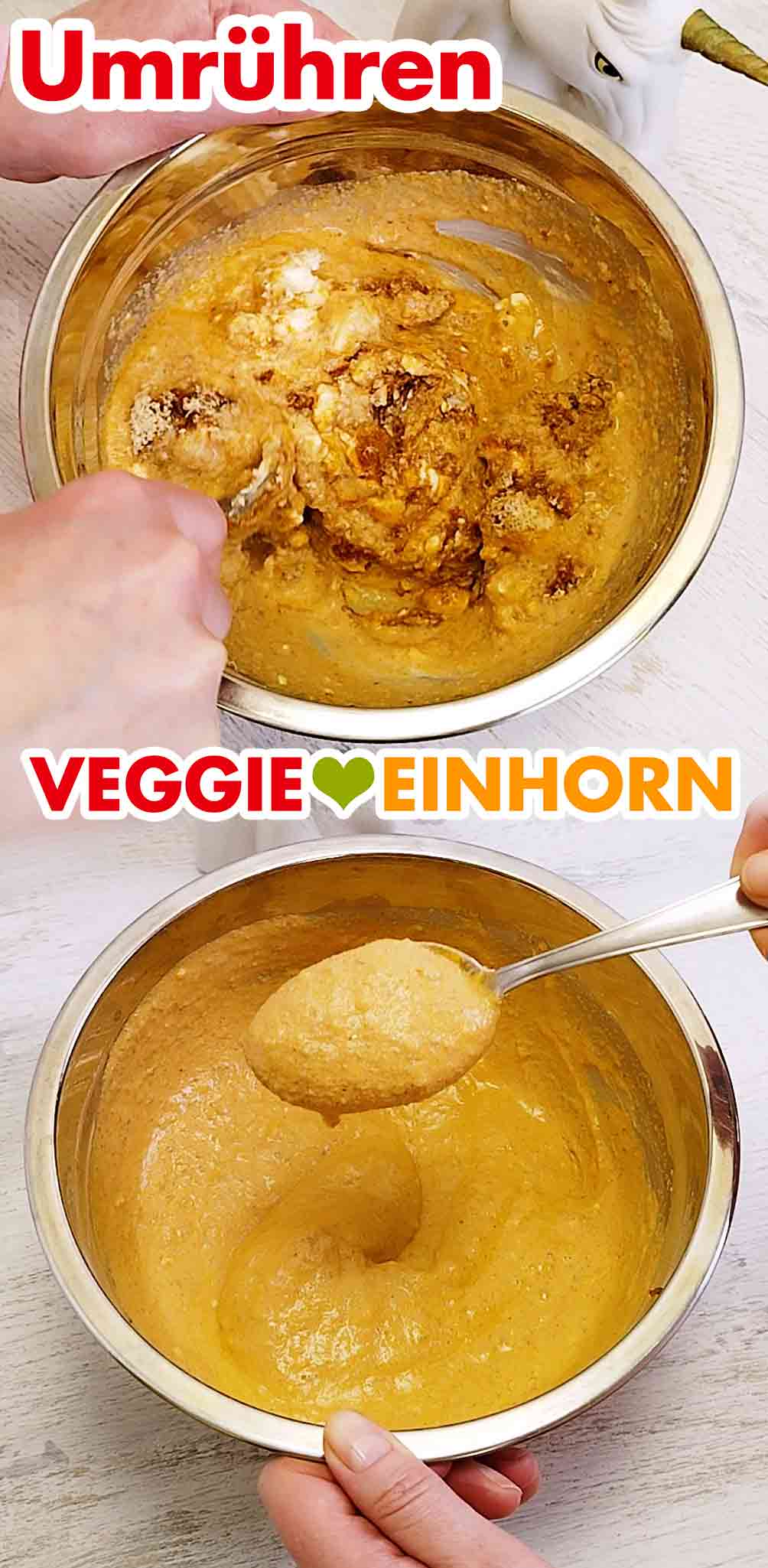 Die zweite Soße für die vegane Linsen Lasagne ist fertig. Die vegane Frischkäse-Pesto-Soße wird umgerührt.