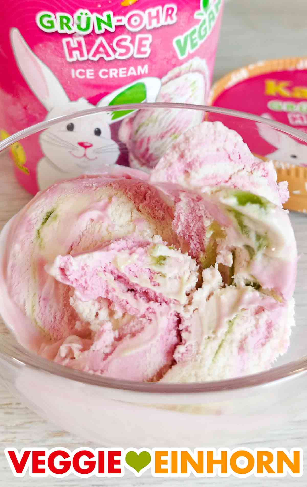 Vegane Grün Ohr Hasen Eiscreme mit Kirsch-, Himbeer- und Erdbeergeschmack. Dessertschälchen mit Katjes Grünohrhasen Eiscreme