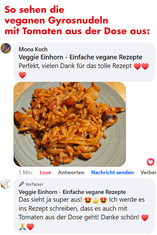 Die veganen Gyros Nudeln gelingen auch mit Dosentomaten. Vegane Gyrosnudeln mit Tomaten aus der Dose