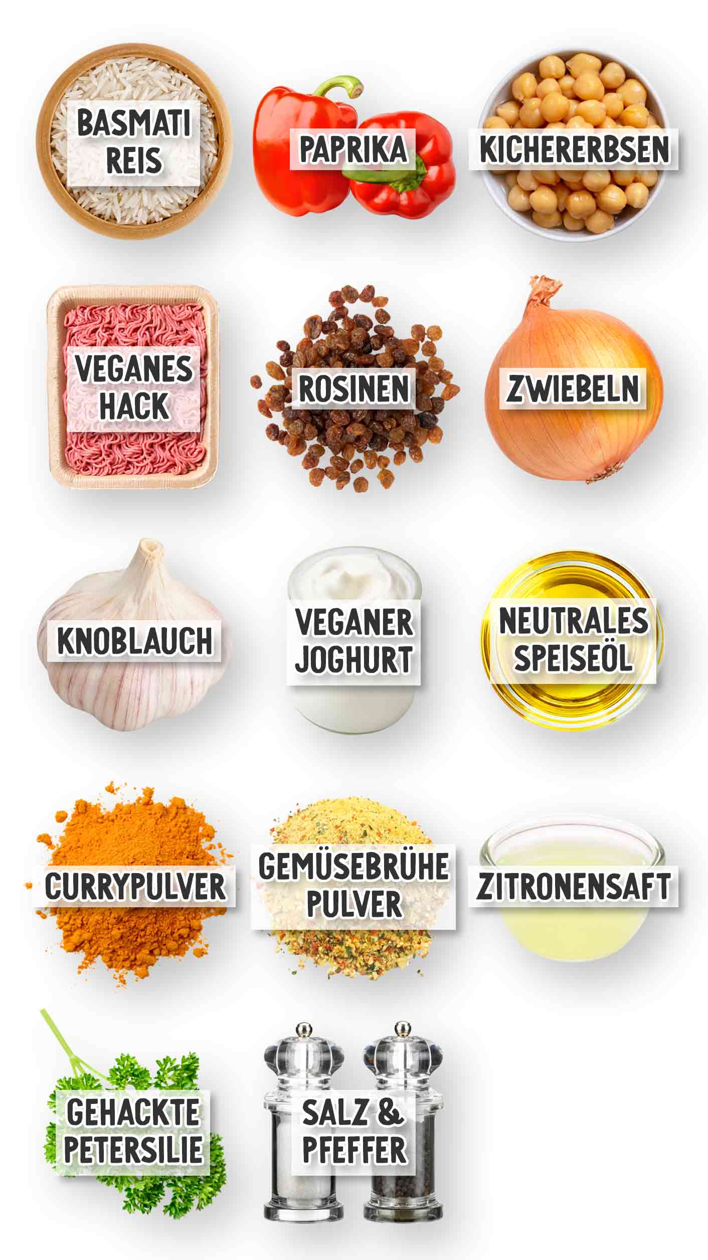 Collage mit beschrifteten Zutaten für eine vegane Hackfleisch-Reis-Pfanne: Basmati-Reis, Paprika, Kichererbsen, veganes Hack, Rosinen, Zwiebeln, Knoblauch, veganer Joghurt, neutrales Speiseöl, Currypulver, Gemüsebrühe Pulver, Zitronensaft, gehackte Petersilie sowie Salz und Pfeffer.