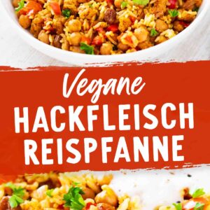Pinterest-Grafik mit der Aufschrift „Vegane Hackfleisch Reispfanne“. Zu sehen ist eine weiße Schüssel mit einer bunten veganen Reispfanne aus Gewürzreis, veganem Hack, Kichererbsen, roten Paprikastücken und Rosinen, garniert mit frischer Petersilie und einem Klecks veganem Joghurt mit schwarzem Pfeffer.