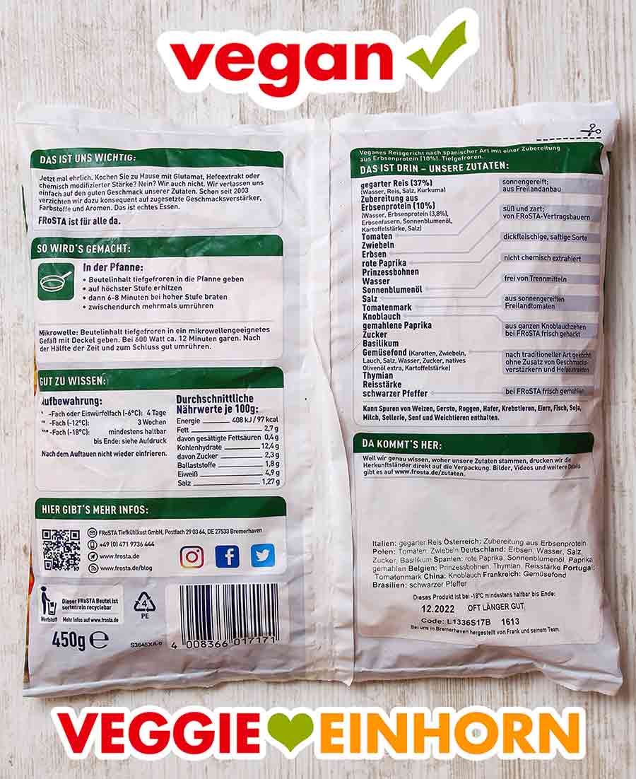 Rückseite der Packung Frosta Veggie Hähnchen Paella Rückseite des Beutels der veganen Hähnchen Paella von Frosta