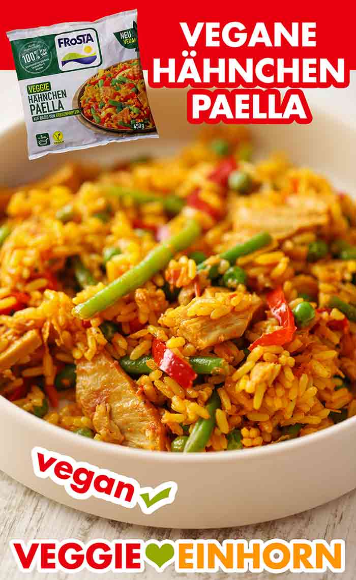 Ein Teller mit veganer Hähnchen Paella von Frosta Frosta Veggie Hähnchen Paella auf einem Teller