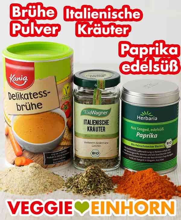 Lidl Kania Delikatessbrühe, Bio Wagner Italiniesche Kräuter, Herbaria Paprika edelsüß Veganes Gemüsebrühe Pulver, getrocknete italienische Kräutermischung, Paprika edelsüß Gewürz