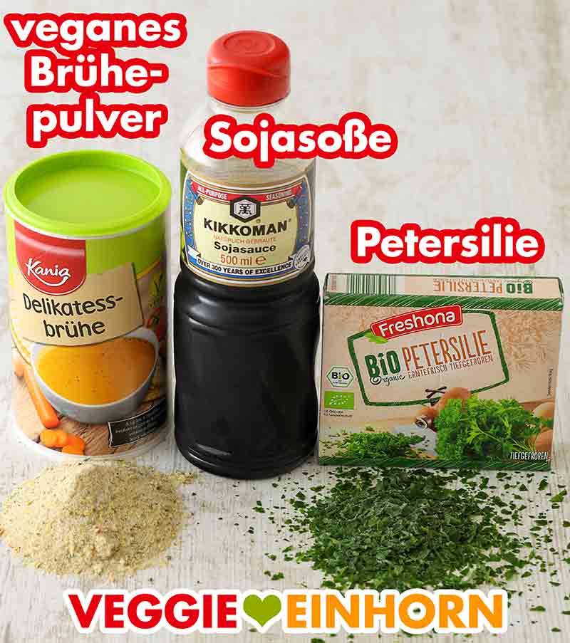 Kania Brühe von Lidl, Kikkoman Sojasoße, Freshona Tiefkühl Petersilie Vegane Instant Brühe, Sojasoße, tiefgefrorene Petersilie