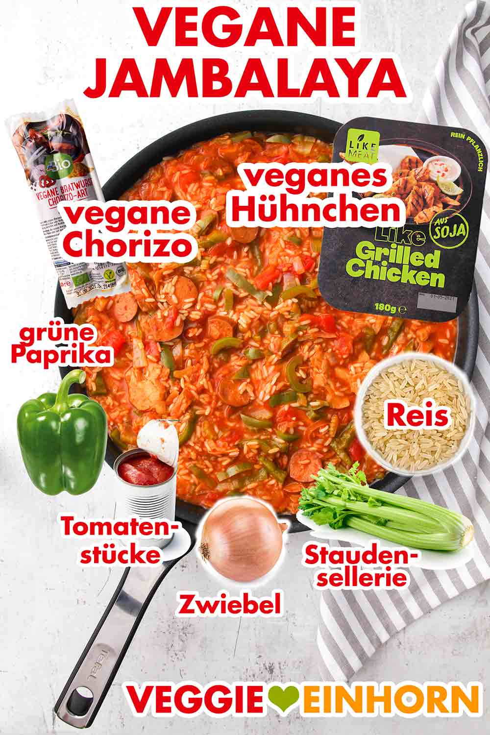Jambalaya mit veganer Chorizo und veganem Hühnchenfleisch Vegane Jambalaya mit den Zutaten