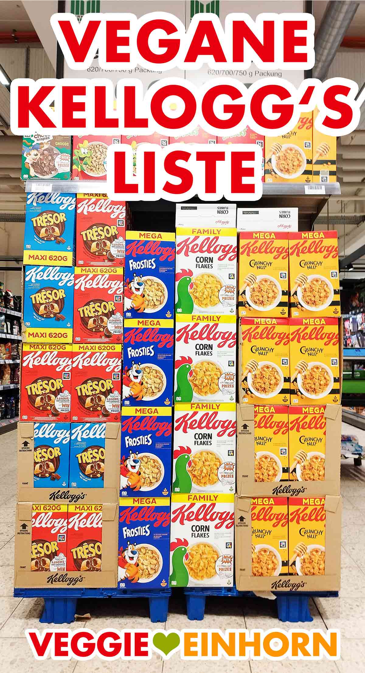 Von Kellogg's gibt es auch einige vegane Sorten. Packungen mit Kellogg's Cerealien im Supermarkt