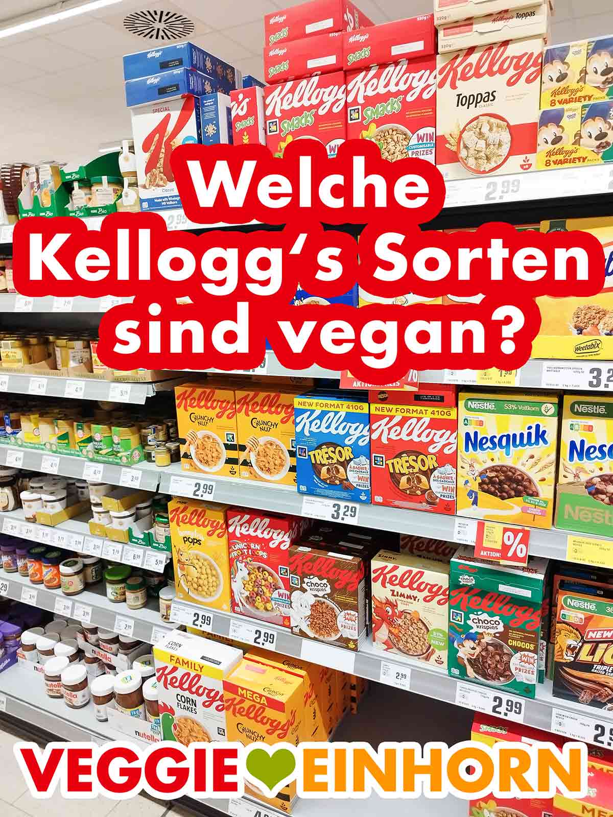 Einige Sorten von Kellogg's sind vegan. Regal mit Cerealien im Supermarkt