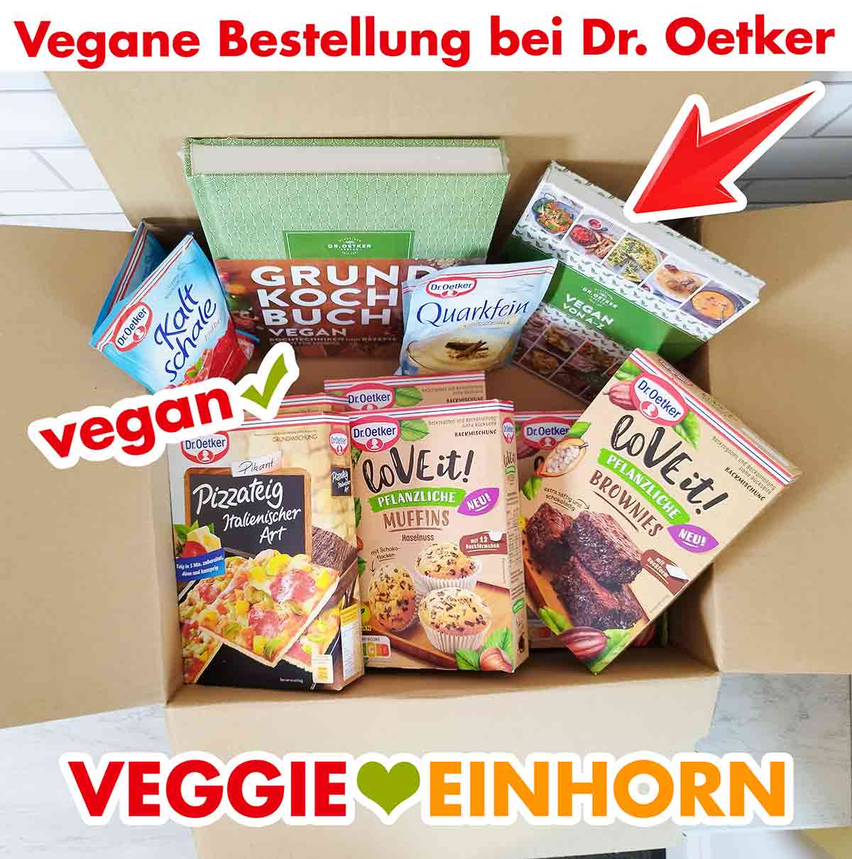 Vegane Kochbücher und vegane Produkte von Dr. Oetker. Versandkarton mit veganen Kochbüchern und veganen Lebensmitteln von Dr. Oetker
