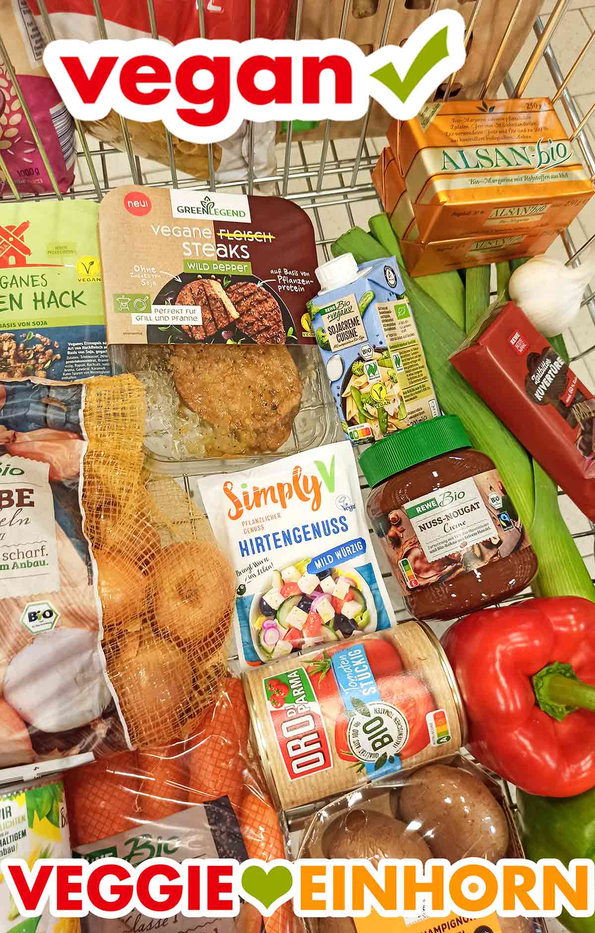 Green Legend vegane Fleisch Steaks, Alsan Bio Butter, Simply V Hirtengenuss, vegane Nutella von Rewe Bio, vegane Kuvertüre von Rewe Beste Wahl Einkaufswagen mit veganen Steaks, veganer Butter, Soja Cuisine, veganer Nutella und veganer Kuvertüre