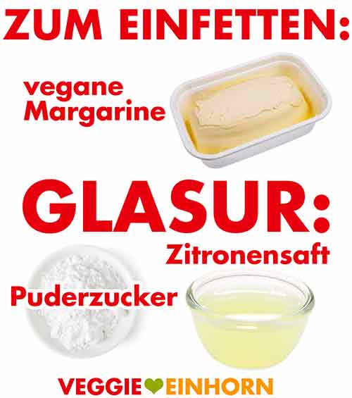 Margarine, Puderzucker, Zitronensaft Zutaten zum Einfetten der Springform und für die Glasur