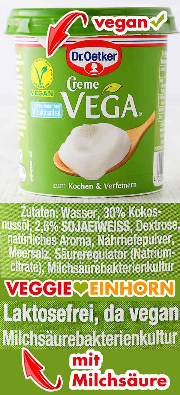 Vegane Crème fraîche mit Milchsäure Eine Packung Dr. Oetker Crema vega