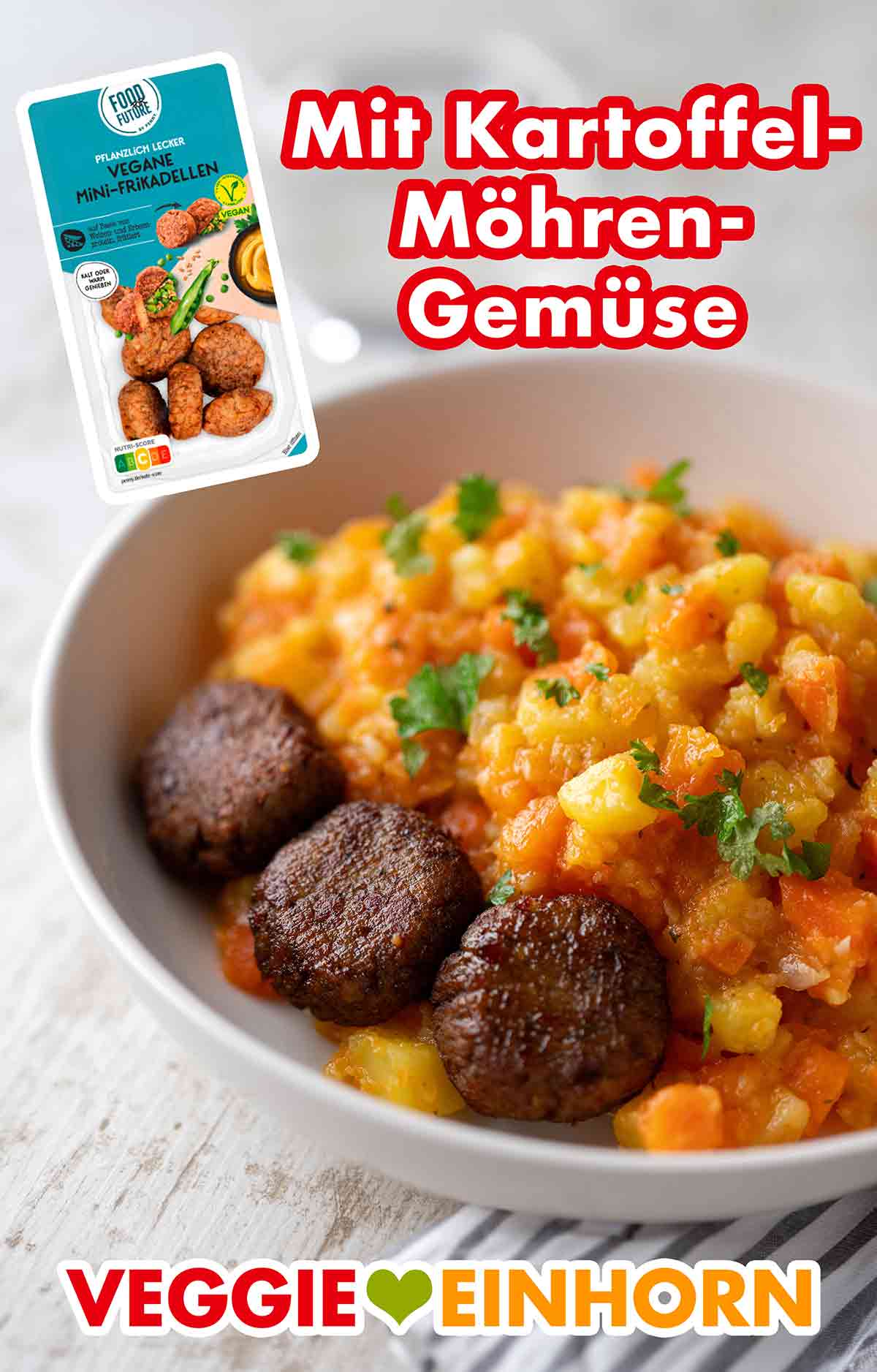 Die veganen Frikadellen schmecken sehr lecker zu Kartoffel Möhren Gemüse als Beilage. Vegane Mini-Frikadellen von Penny mit Kartoffel-Möhren-Gemüse