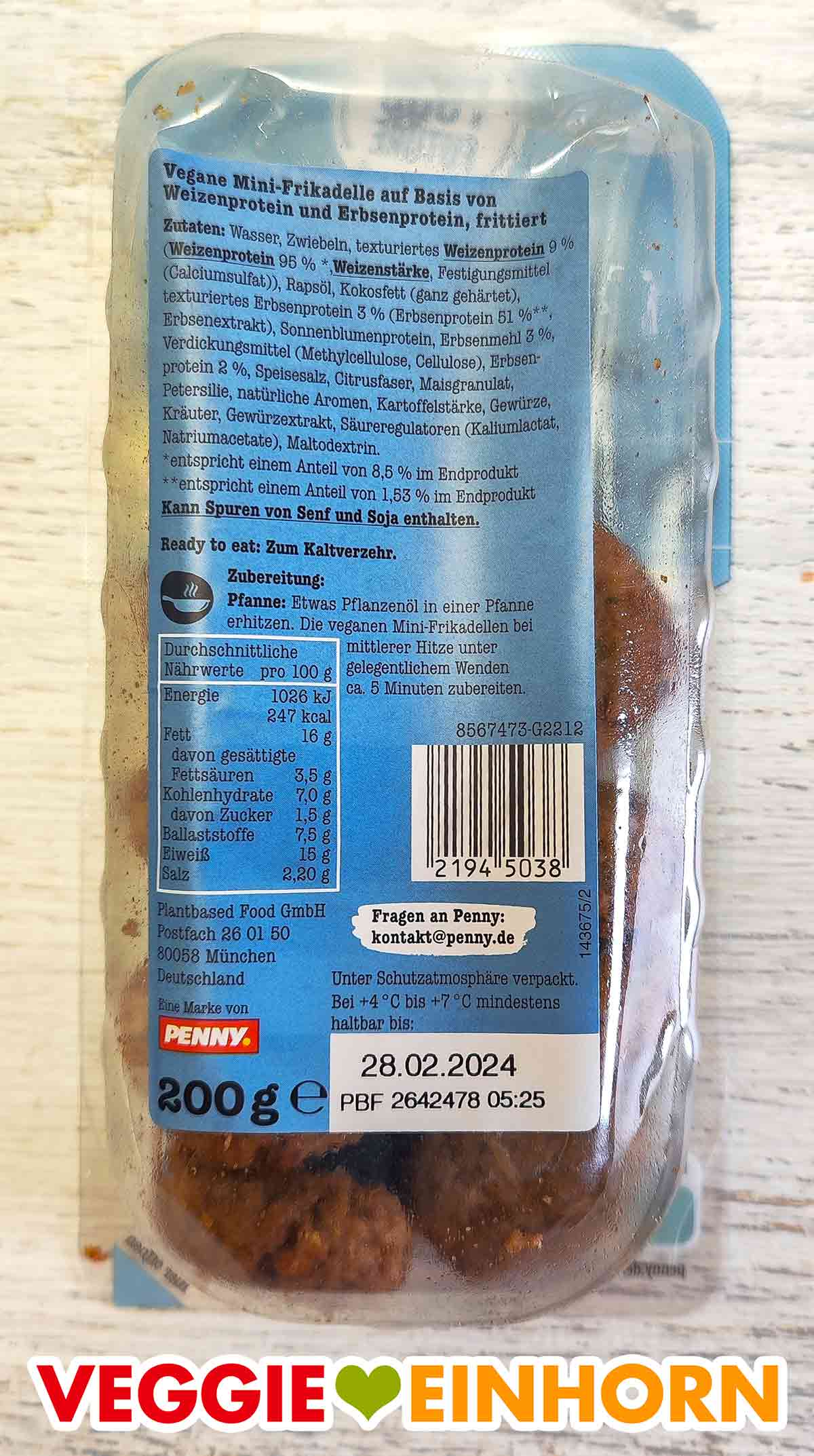 Packungsrückseite Food for Future Vegane Mini-Frikadellen Rückseite der Packung der veganen Mini-Frikadellen von Penny