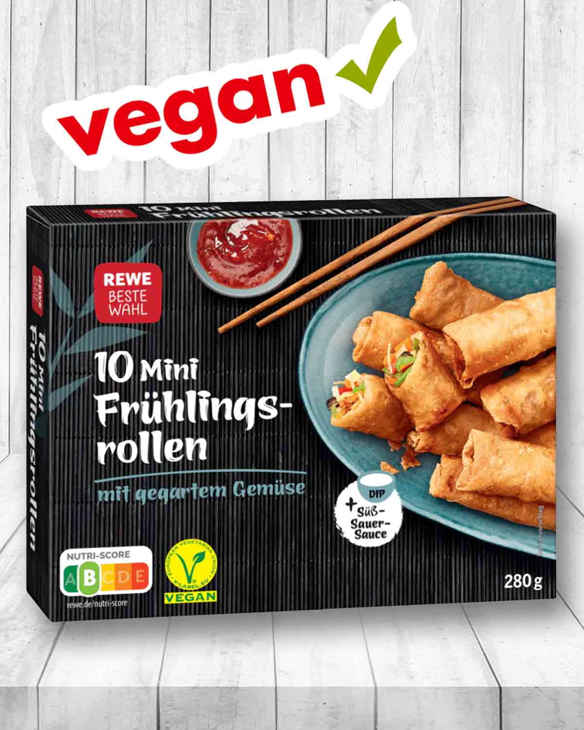 Die Mini Frühlingsrollen mit gegartem Gemüse von Rewe Beste Wahl sind vegetarisch und vegan. Vegane Frühlingsrollen von Rewe