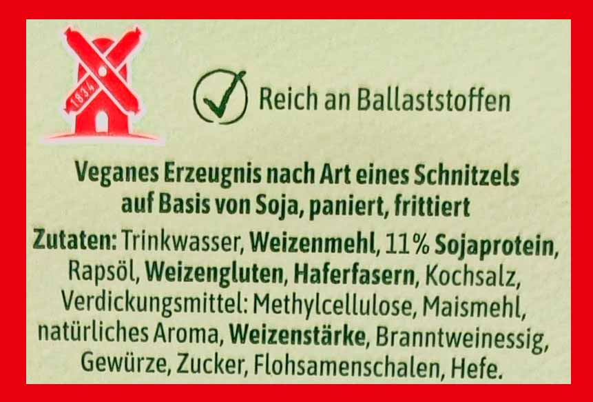 Inhaltsstoffe der veganen Mühlen Schnitzel Zutaten der veganen Rügenwalder Mühlen Schnitzel