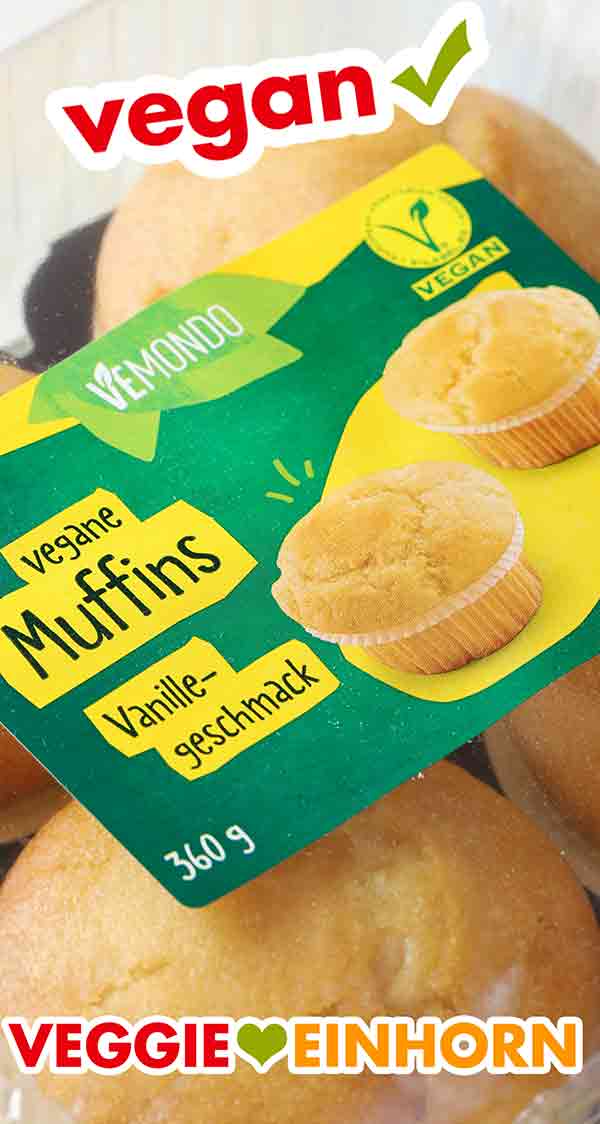 Auf der Packung der Vemondo Vanillemuffins ist ein veganes V-Label. Vegane Muffins Vanillegeschmack von Lidl Vemondo