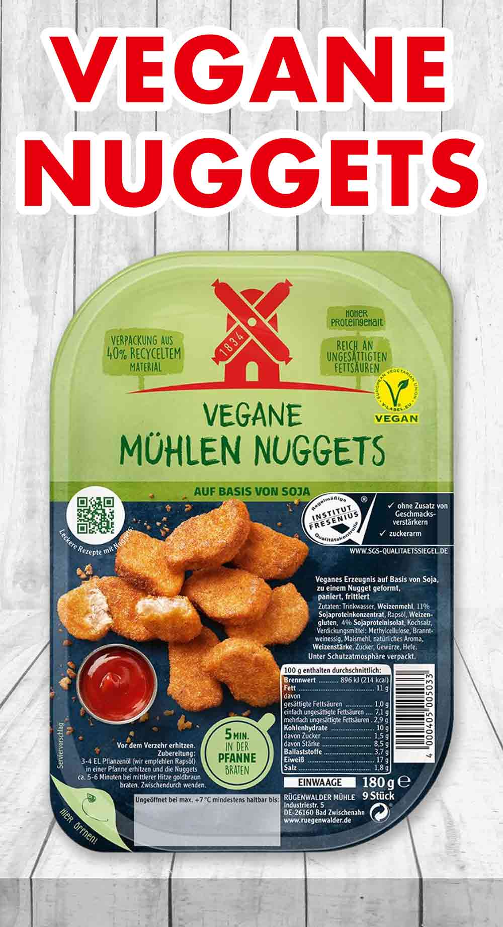 Die veganen Mühlen Nuggets sind auf Basis von Soja. Vegane Nuggets von Rügenwalder Mühle