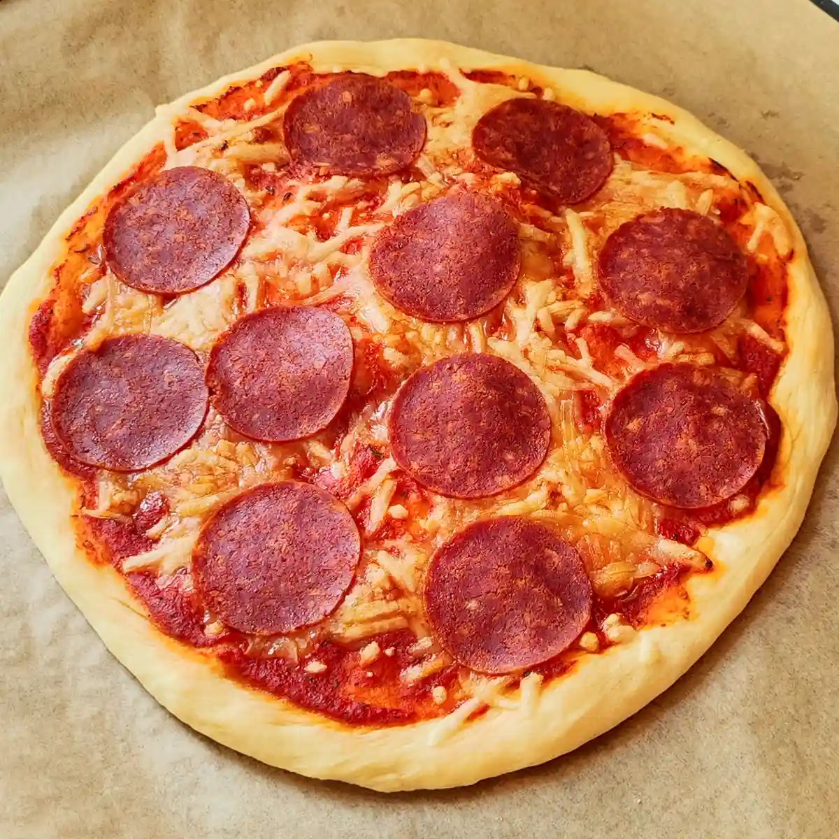 Vegane Pizza Salami mit goldbraun gebackenem Rand, belegt mit geschmolzenem veganem Käse und gleichmäßig verteilten Scheiben veganer Salami auf Tomatensoße.