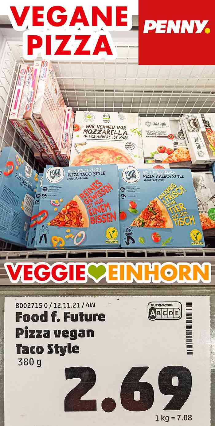 Bei Penny gibt es verschiedene Sorten von veganer Teifkühlpizza. Vegane Pizza bei Penny in der Tiefkühltruhe