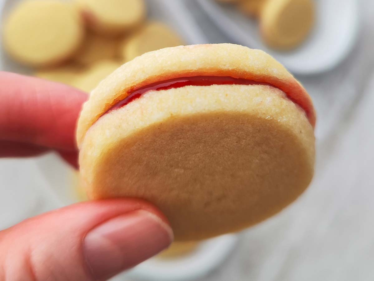 Mehrere vegane Marmeladenplätzchen liegen gestapelt auf einem weißen Teller.