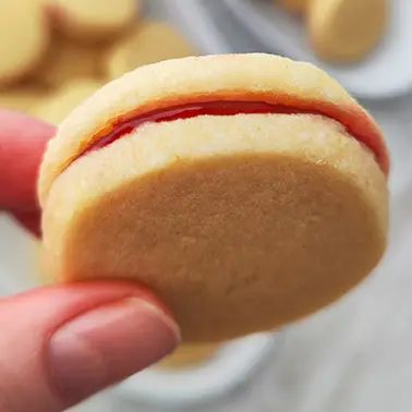 Ein veganes Marmeladenplätzchen wird von zwei Fingern gehalten.