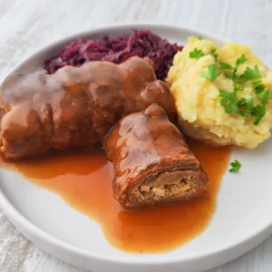 Vegane Rouladen aus Soja Big Steaks in Bratensoße, serviert mit Kartoffelpüree und Rotkohl.
