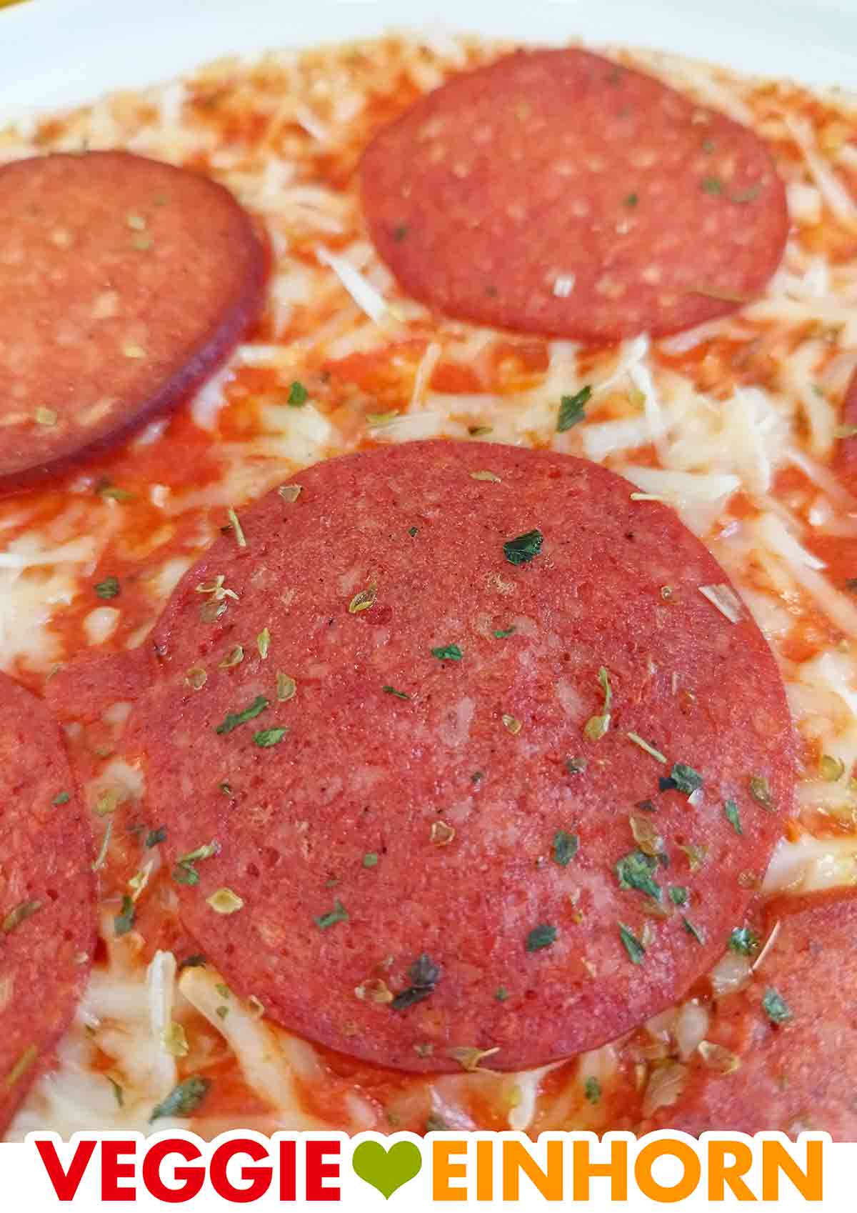 Die Salami auf der veganen Pizza von Dr. Oetker ist mit Oregano bestreut. Nahaufnahme einer mit Oregano bestreuten veganen Salamischeibe auf der veganen Pizza Ristorante