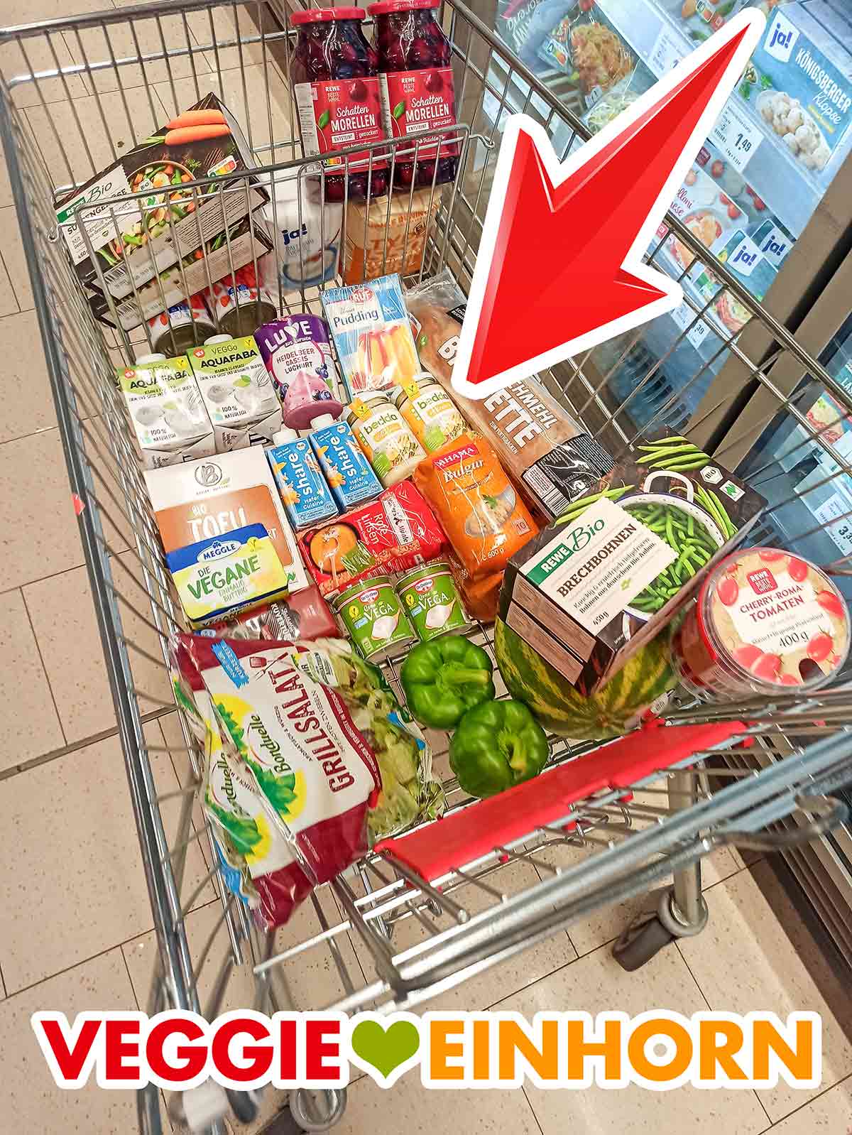 Vegane Sauce Hollandaise von bedda im Einkaufswagen mit anderen veganen Lebensmitteln Einkaufswagen bei Rewe mit veganer Sauce Hollandaise von bedda