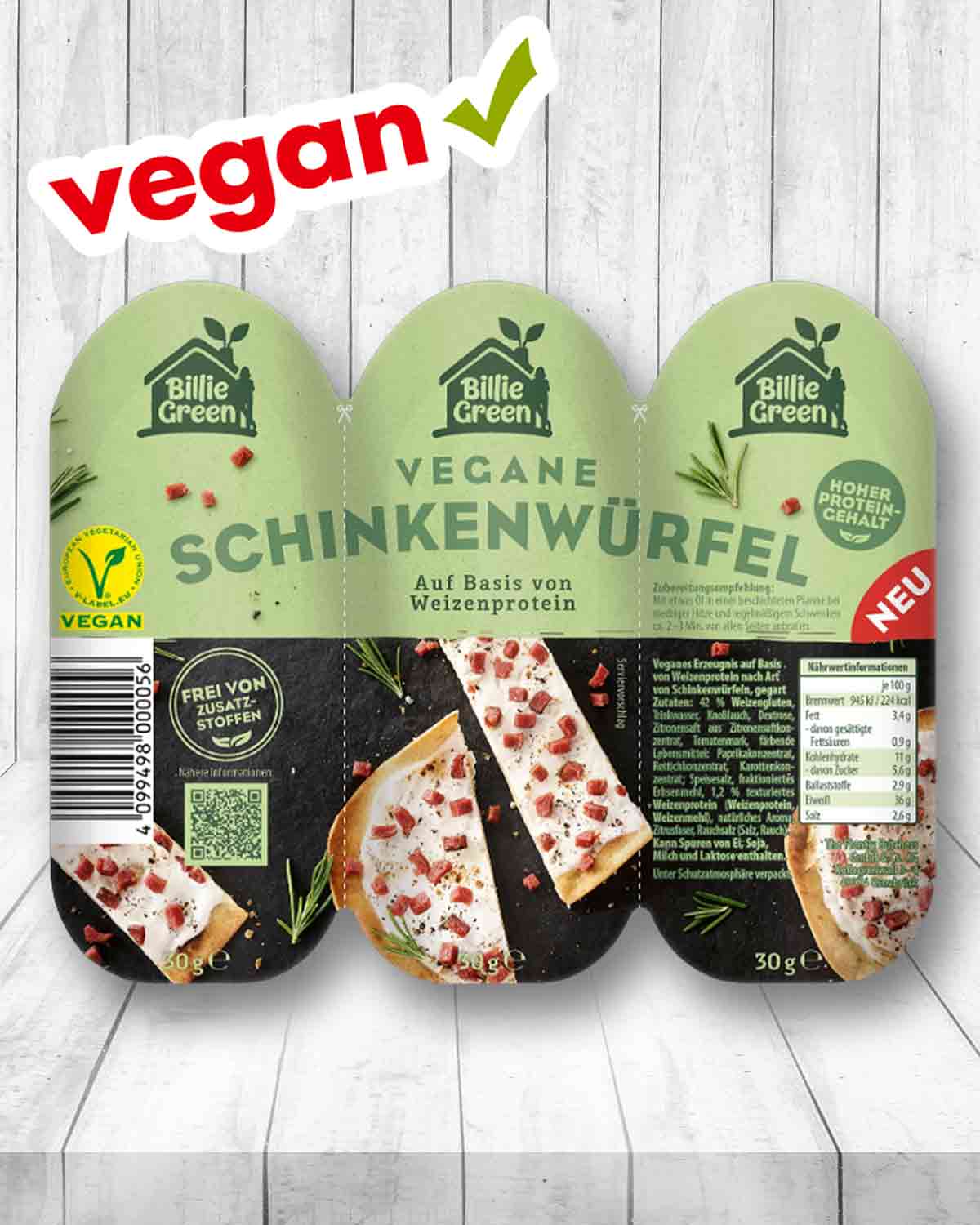 Die Billie Green Schinkenwürfel sind vegetarisch und vegan. Vegane Schinkenwürfel von Billie Green
